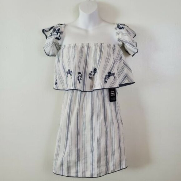 Express Top XS White Striped Floral Embroidered Boho Tunic Coastal Beach Casual - Picture 1 of 9